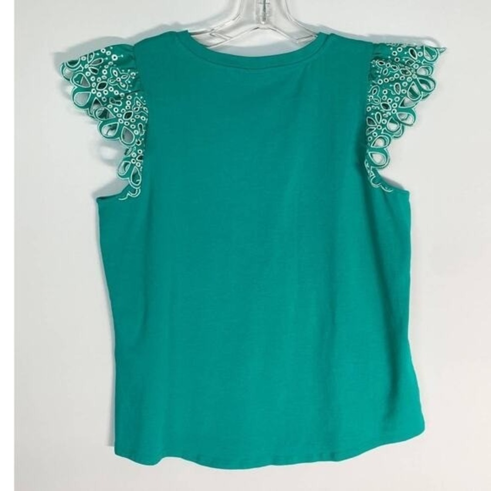 Chico's Eyelet Flutter Cap Sleeve Tee Tropical Jade Teal Lace Stretch - L - Picture 8 of 12